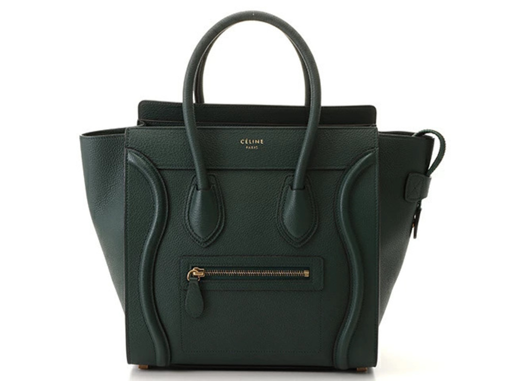 Celine Luggage Tote Shopper Handbag Dark Green Leather